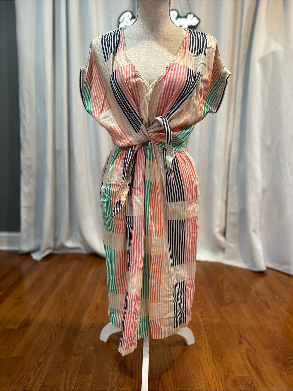 Lou & Grey for Loft front tie striped multicolored midi dress women’s sz med EUC